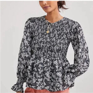 Faithfull the Brand Biela Linen Smocked Black White Long Sleeve Keyhole Blouse